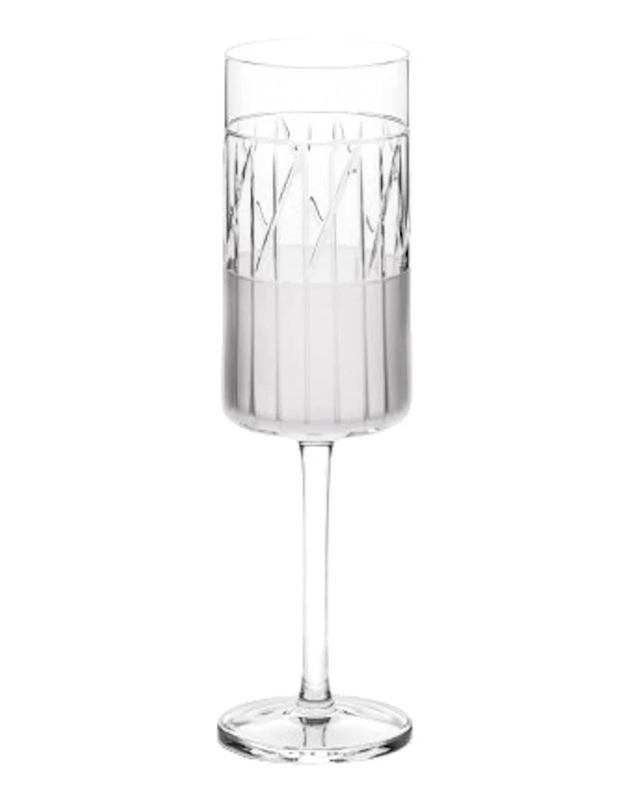 Hand-cut Irish crystal champagne glass from the Thorn Collection, featuring sharp linear cuts and sculptural design, ideal for sparkling wine, cocktails, or celebratory drinks on a white background