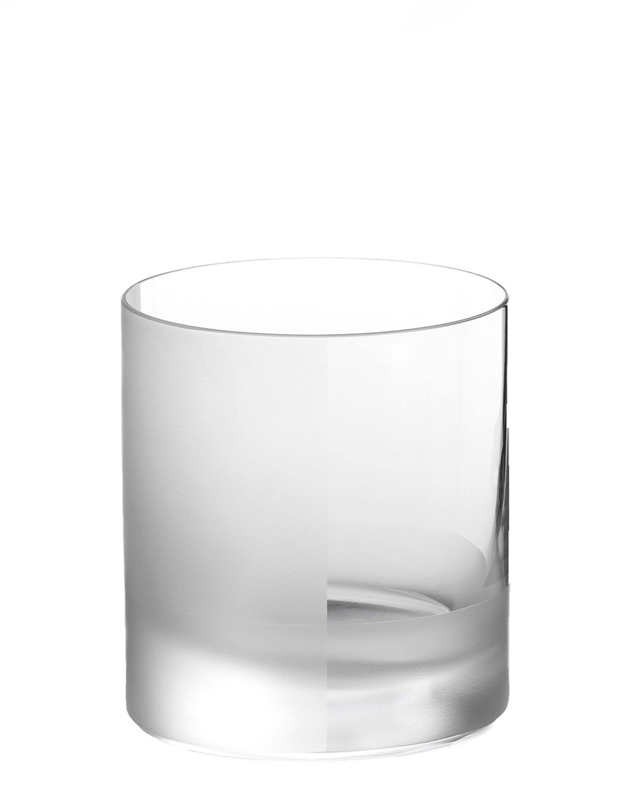 Hand-blown crystal tumbler with half-frosted, half-clear finish, ideal for whiskey, cocktails, or water.