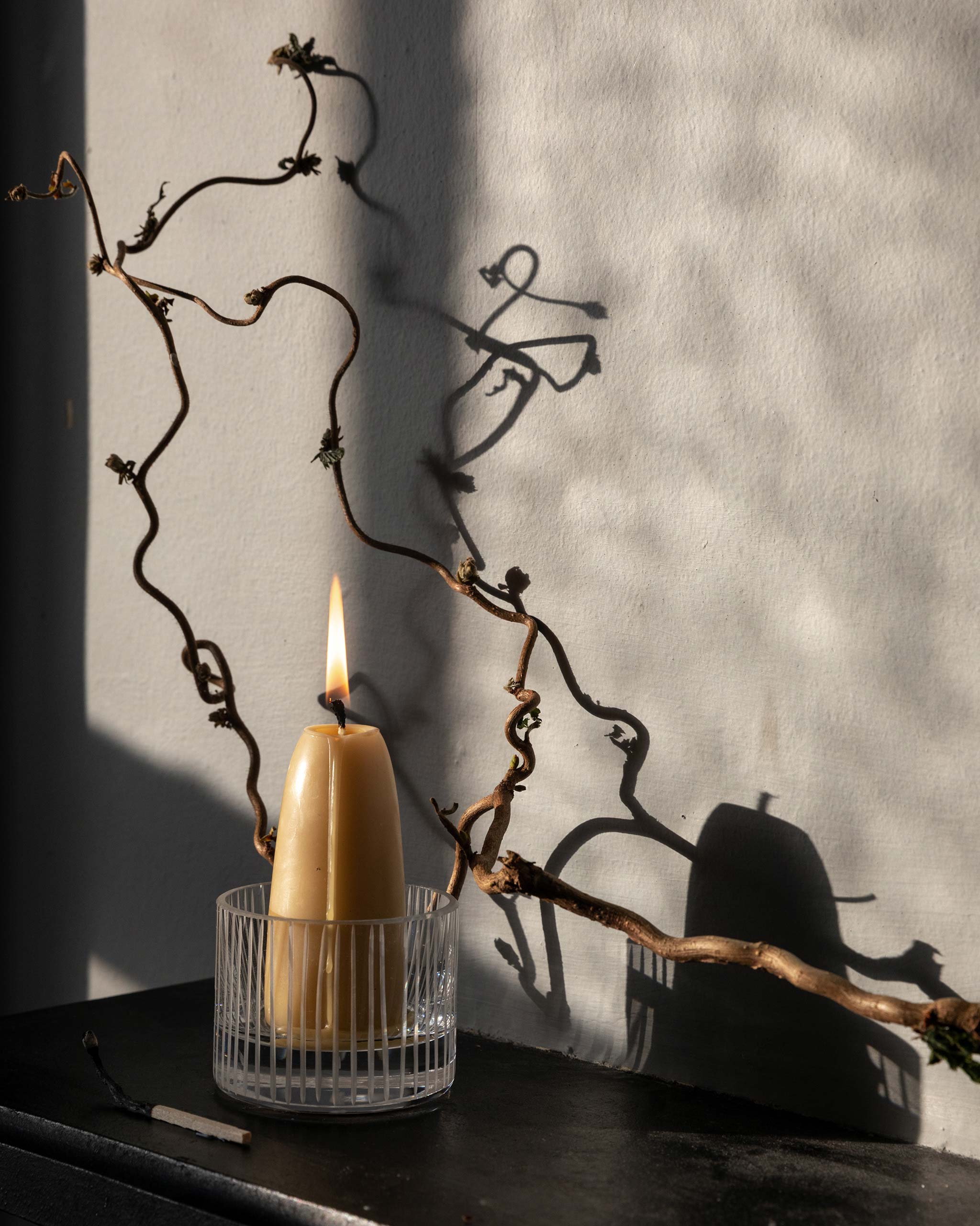 Hand-blown and hand-cut Irish crystal Row Collection votive with lit beeswax candle, styled with a twisting abstract branch on a shadowy background.