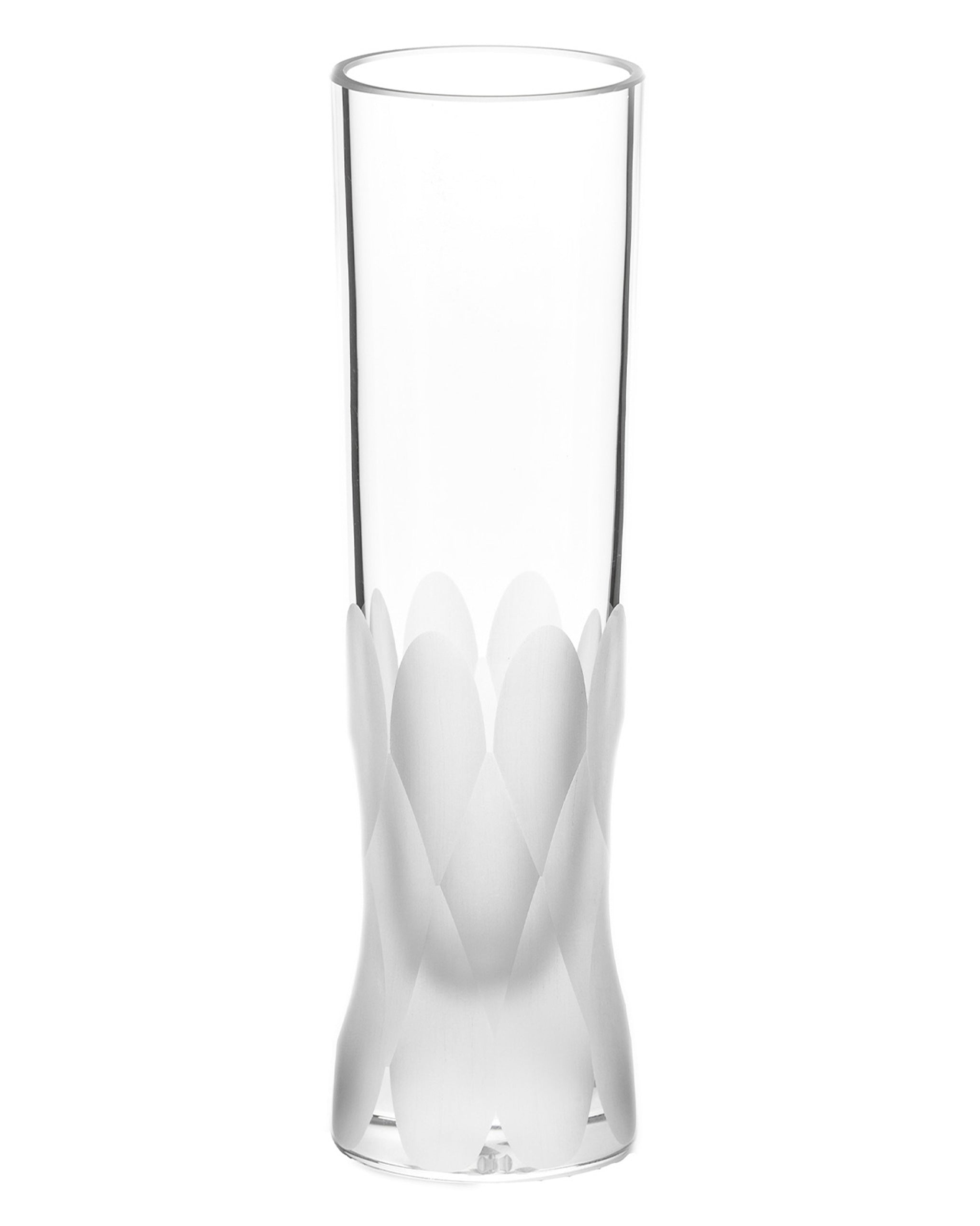 Unpolished Irish hand-blown cut crystal champagne flute with large cut pattern detailing on a white background