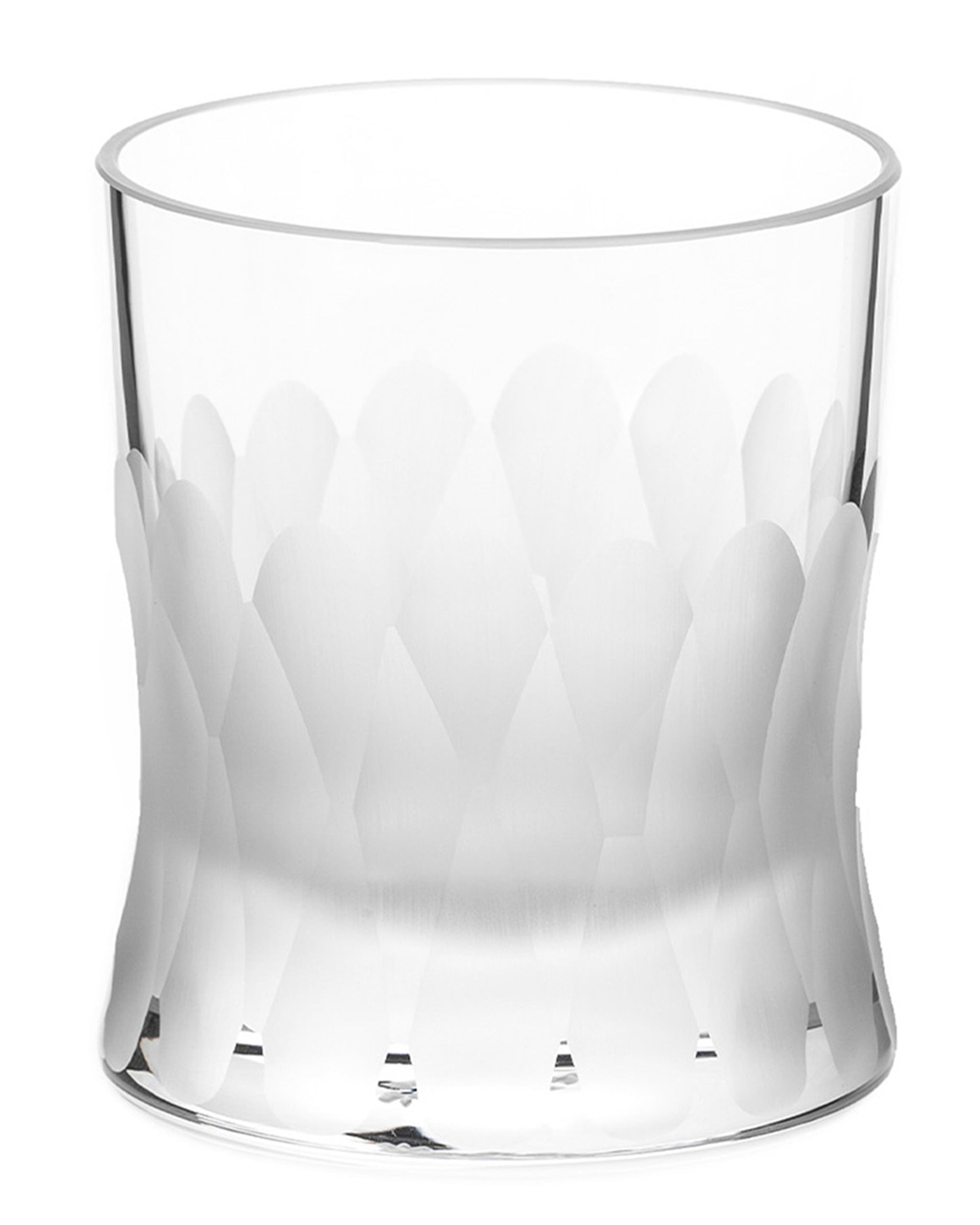 Unpolished Irish hand-blown crystal whiskey glass, with cut patterns on a white background.