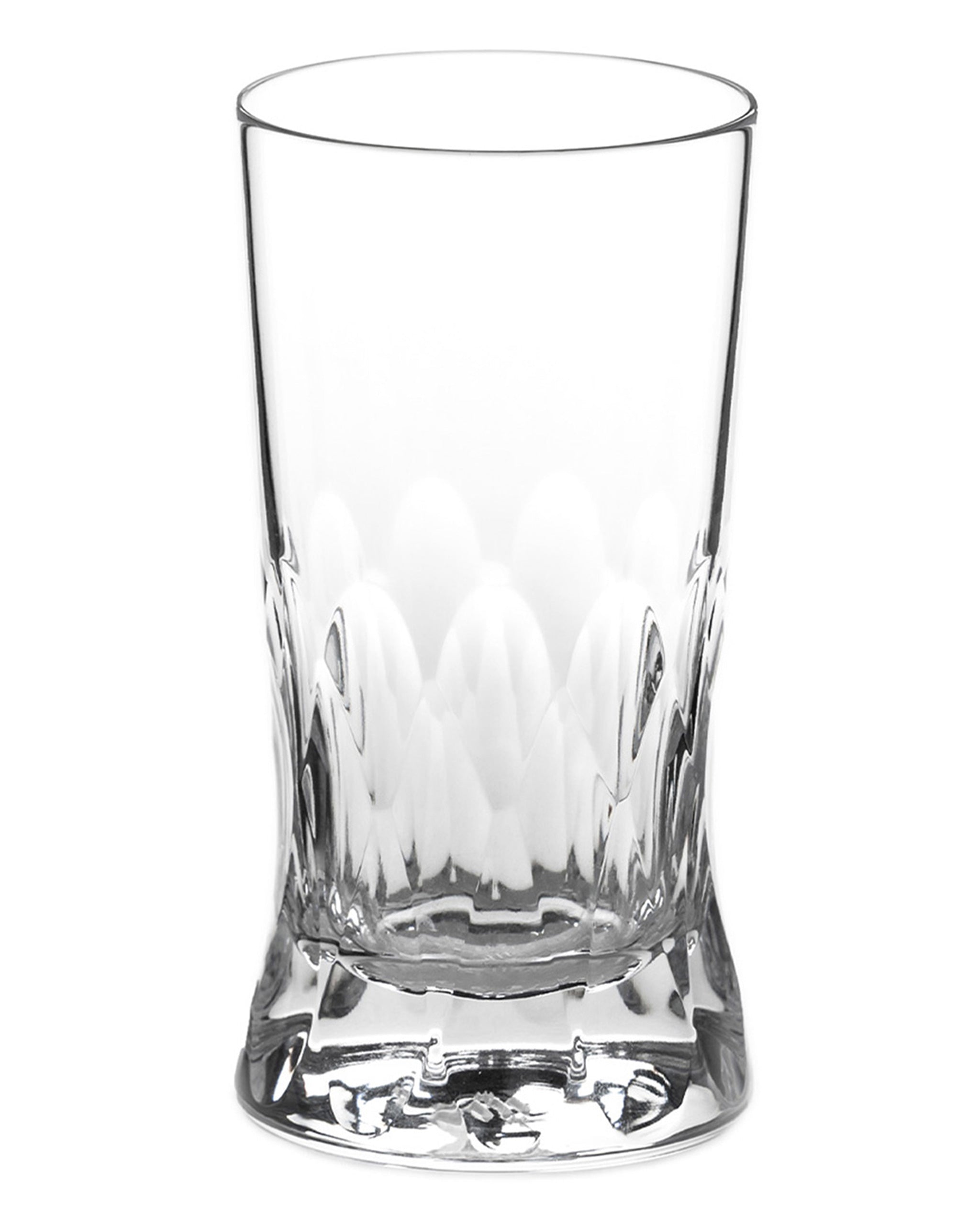 Polished Irish hand-blown cut crystal wine or water glass with large cut pattern detailing on a white background