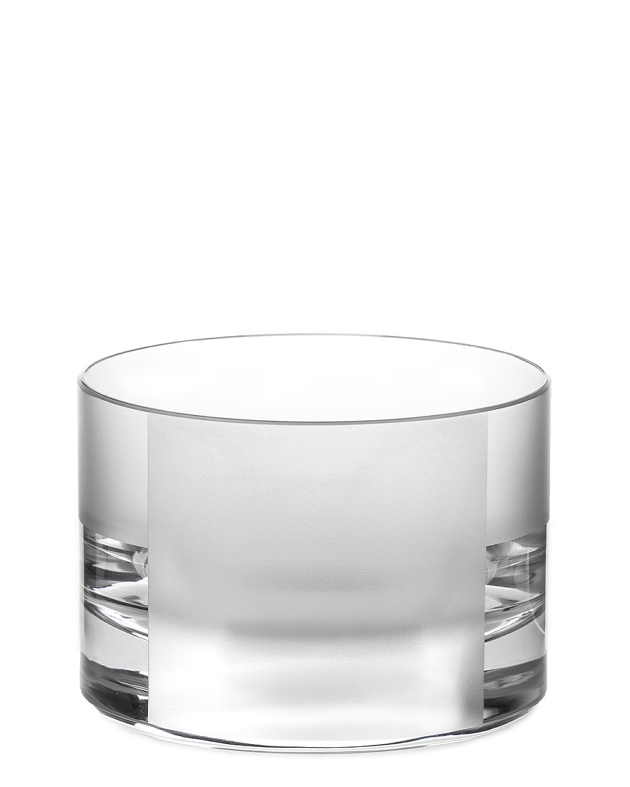 Low crystal tumbler with geometric sandblasted panels and a frosted texture, perfect for whiskey or spirit-forward cocktails.
