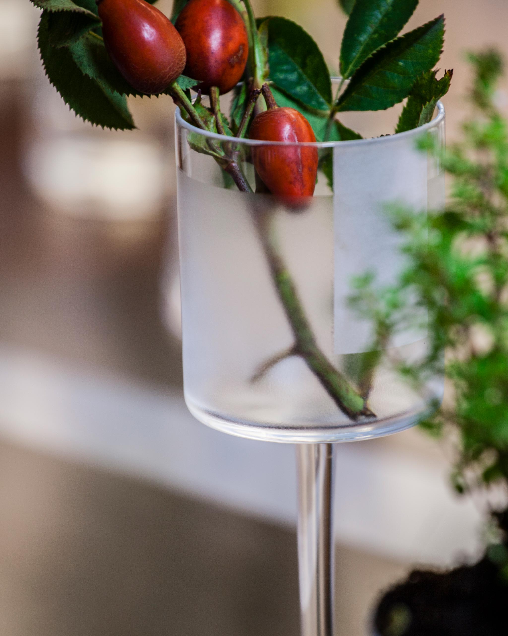 Modern crystal white wine glass with half-frosted finish and geometric panels on a table setting with red berries and natural foliage.