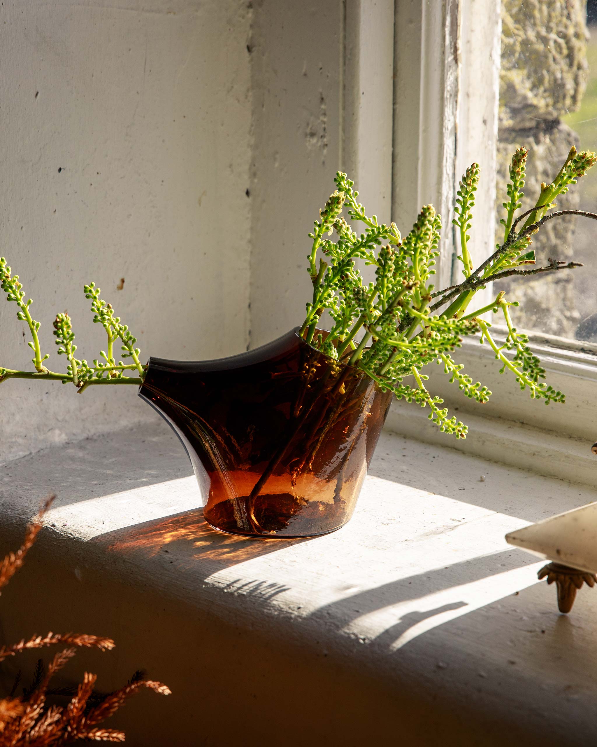 Kiln-cast blown glass pot on a warmly lit table, with light filtering through the translucent form and foliage inside, showcasing craftsmanship and material depth.