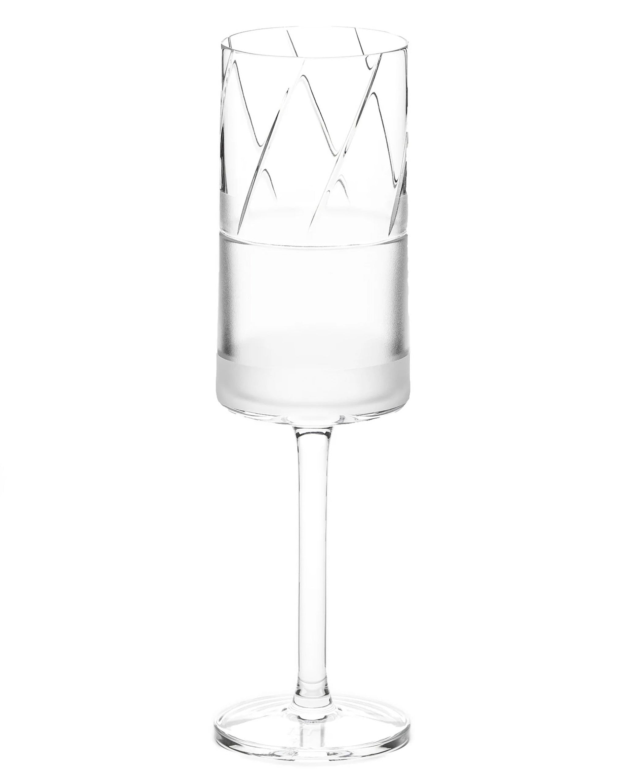 Tall crystal champagne flute with half-frosted geometric panels, ideal for celebrations or toasting occasions.