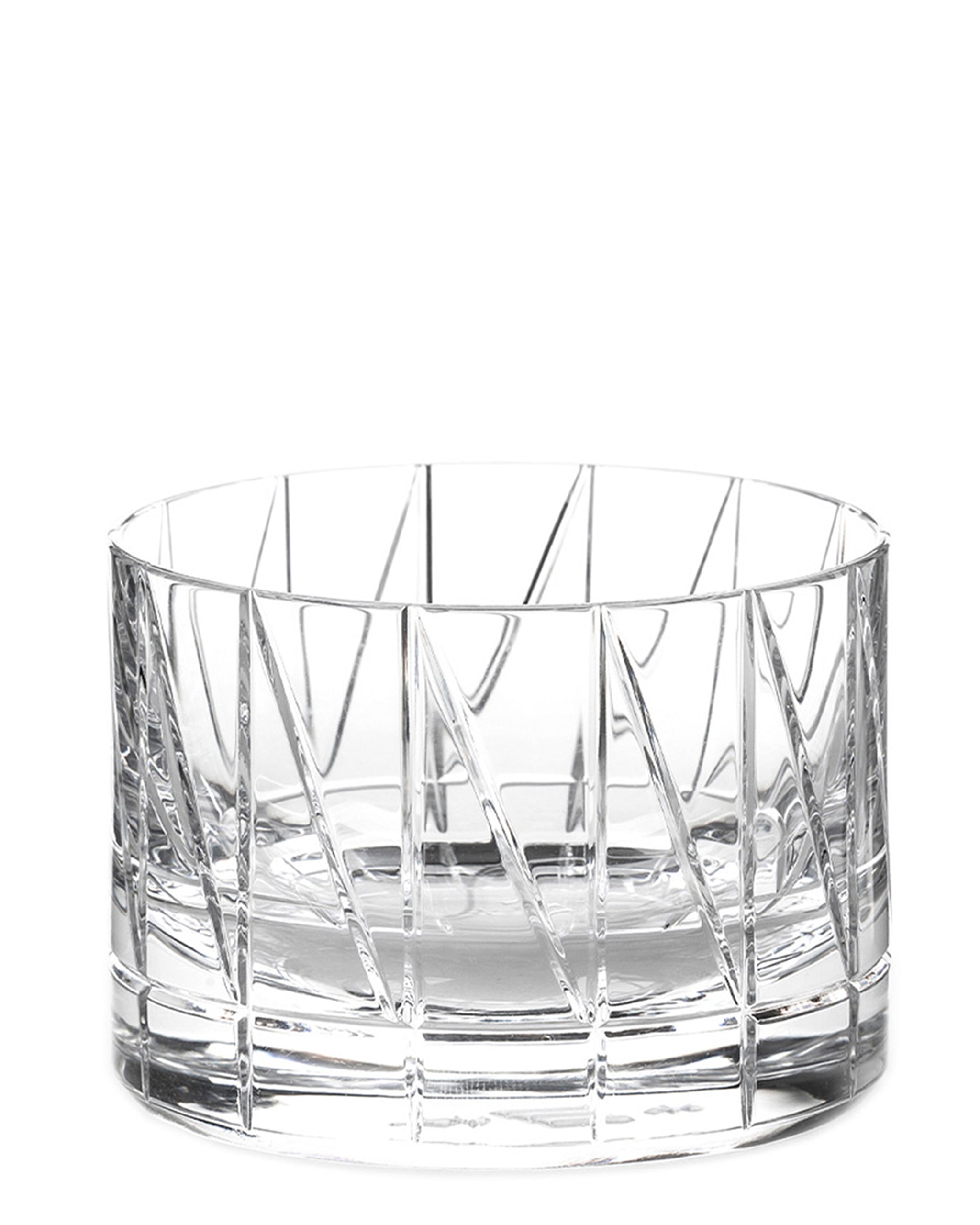 Cut crystal low glass with bold thorn-inspired pattern, ideal for whiskey, wine, or cocktails