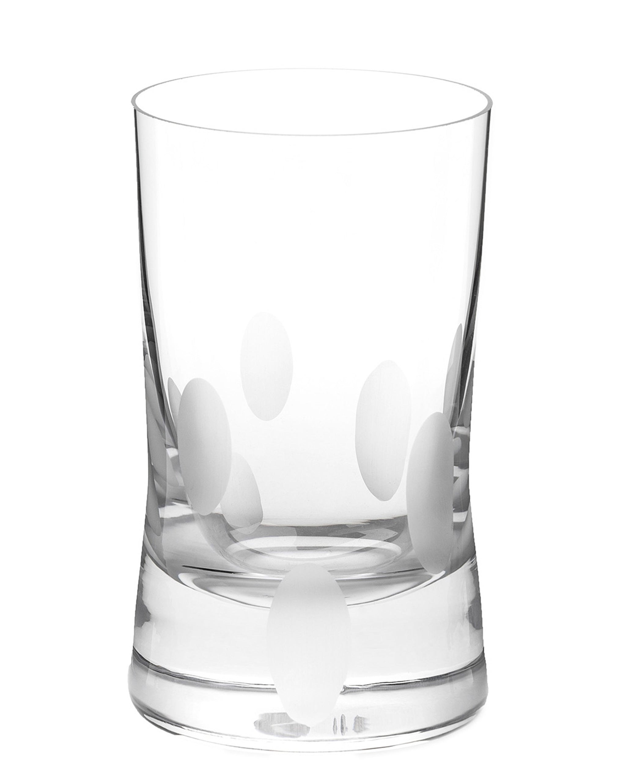 Unpolished hand-cut Irish crystal rocks tumbler glass with softly polished and sandblasted dew-cut detailing on a white background