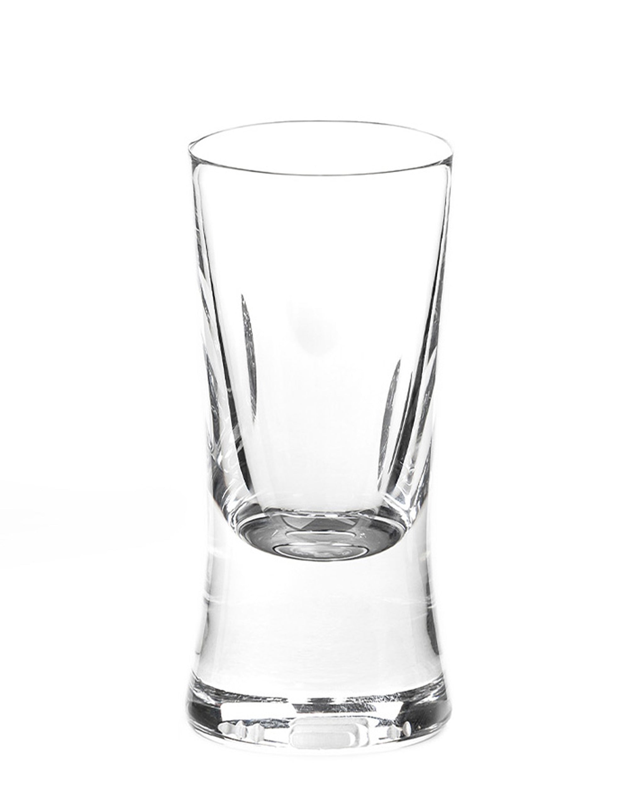 Polished hand-cut Irish crystal shot glass with softly polished and sandblasted dew-cut detailing on a white background
