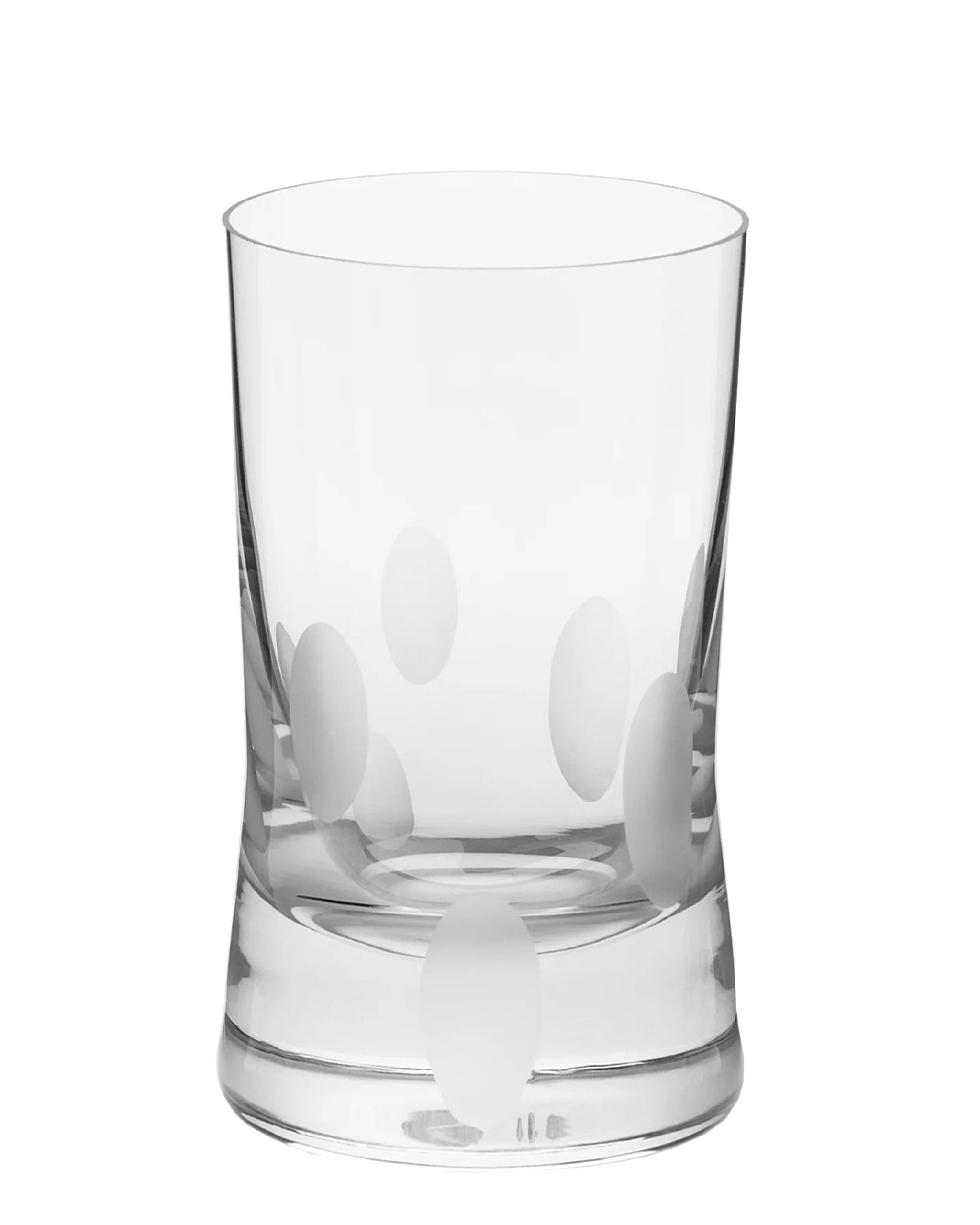 Unpolished hand-cut Irish crystal white wine or water glass with softly polished and sandblasted dew-cut detailing on a white background