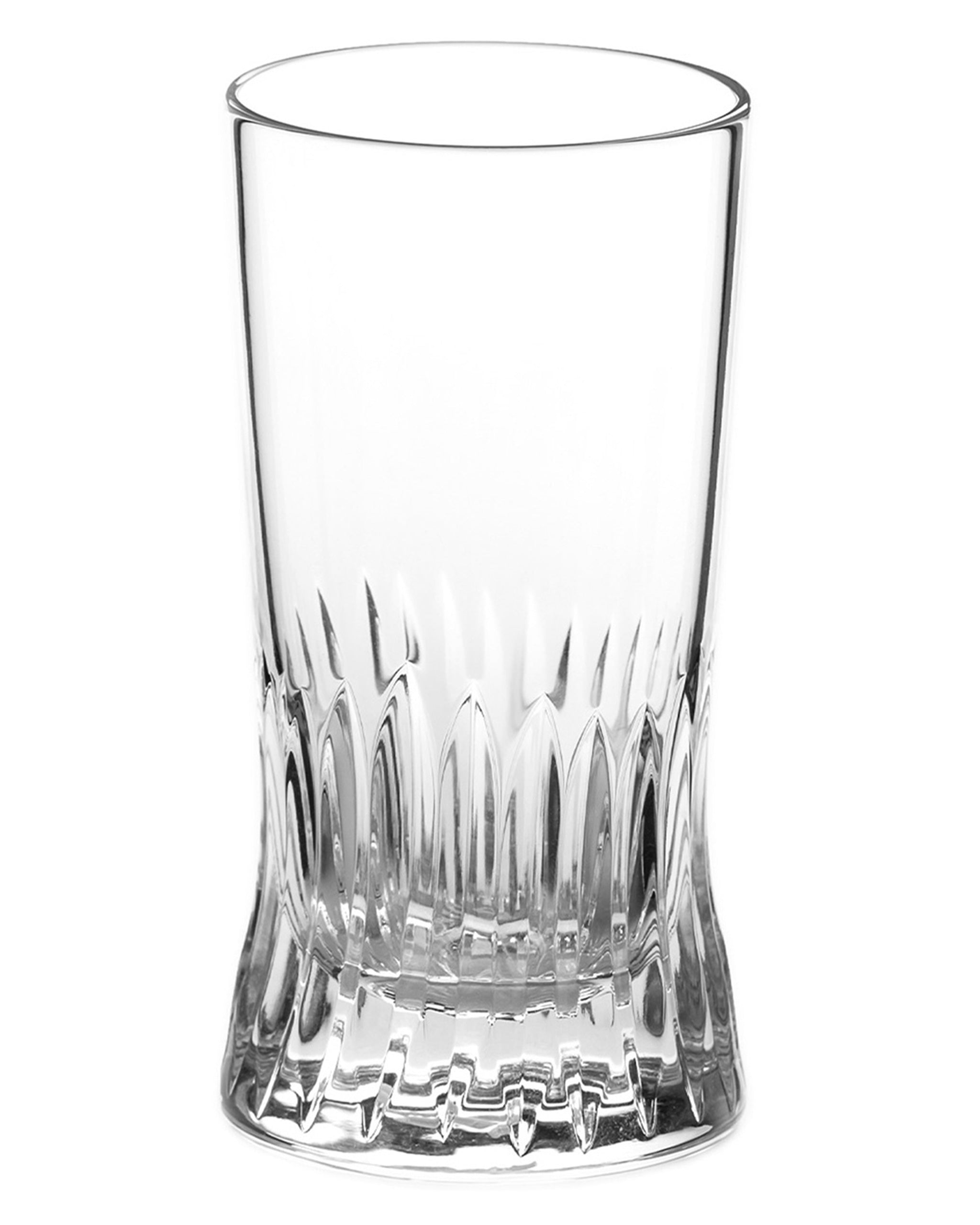 Polished hand-cut Irish crystal red wine glass with deep angular cuts inspired by ploughed soil on a white background