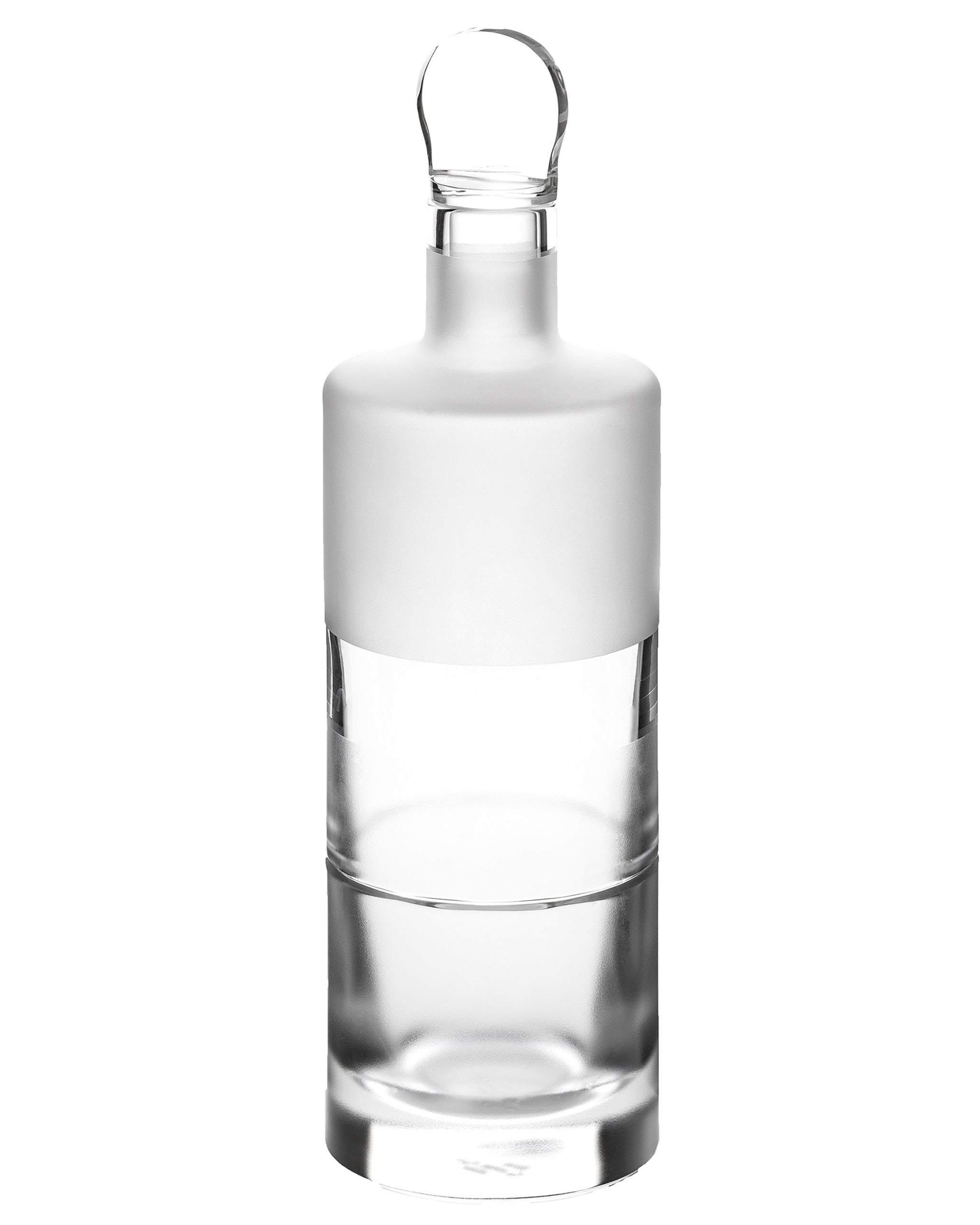 Hand-blown crystal whiskey decanter with frosted band and solid stopper, modern minimalist design on white background.