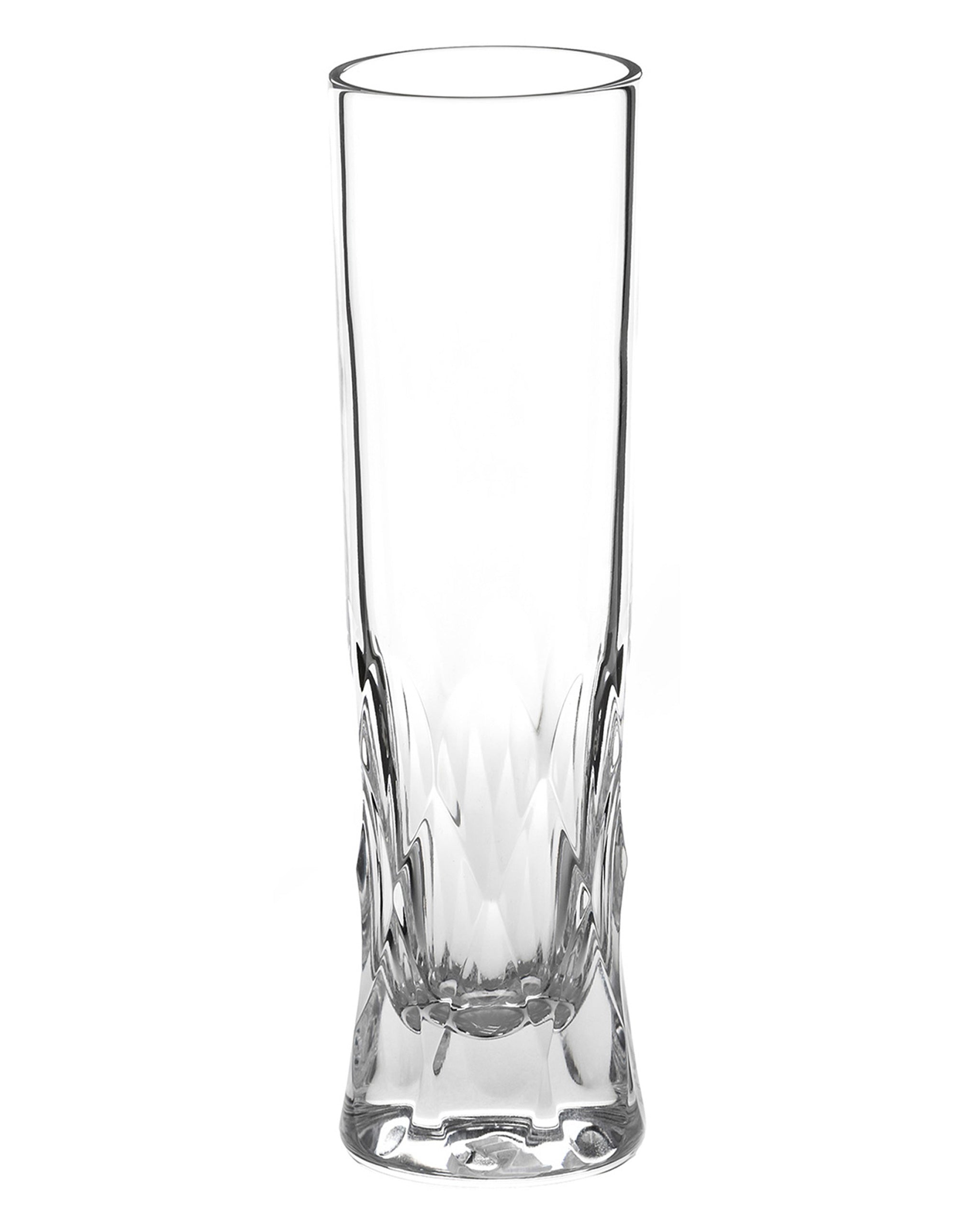 Polished Irish hand-blown cut crystal champagne flute with large cut pattern detailing on a white background