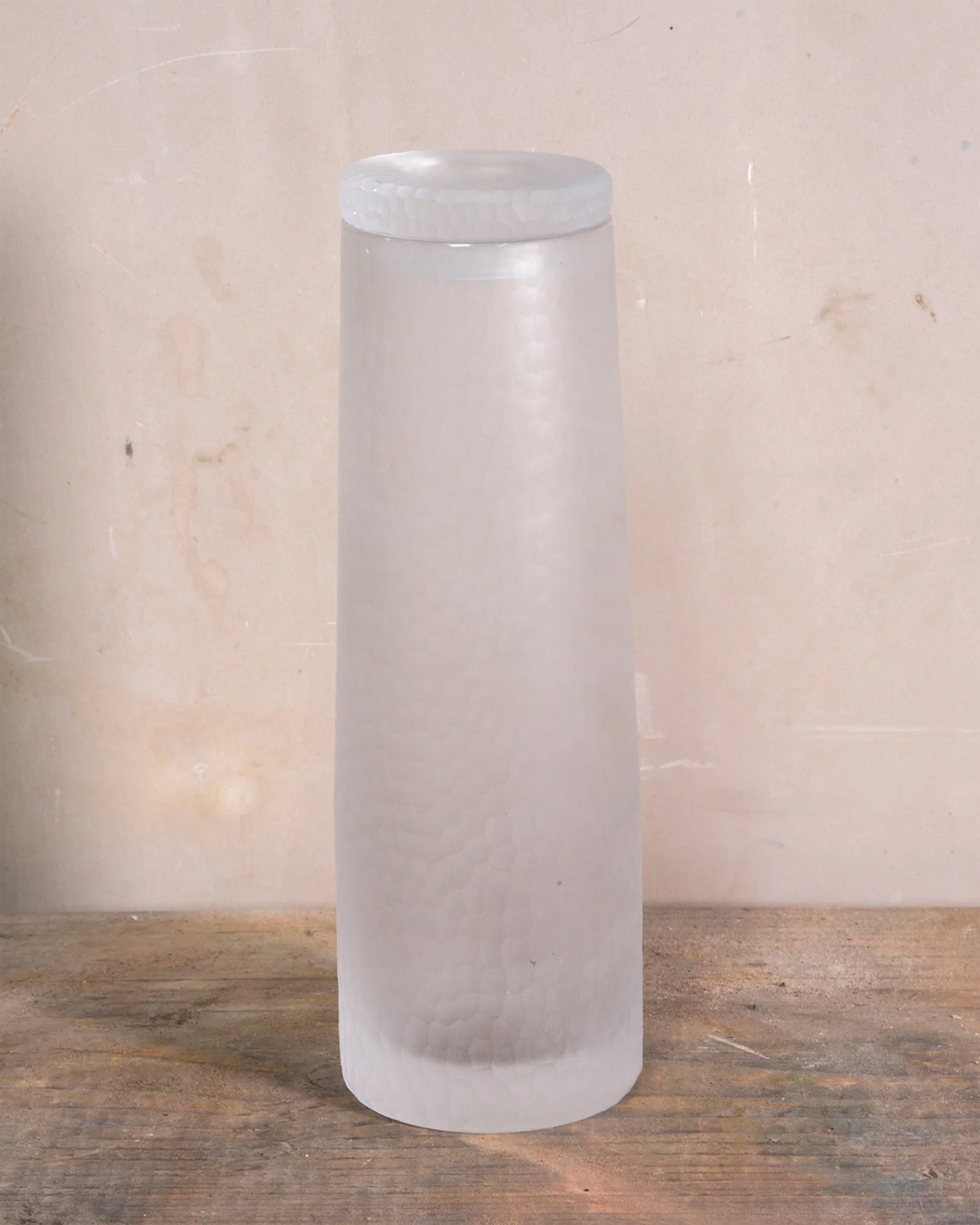 Hand-cut Irish crystal decanter with diffused, tactile surface and broad base, ideal for whiskey, wine, sake, or cocktails.