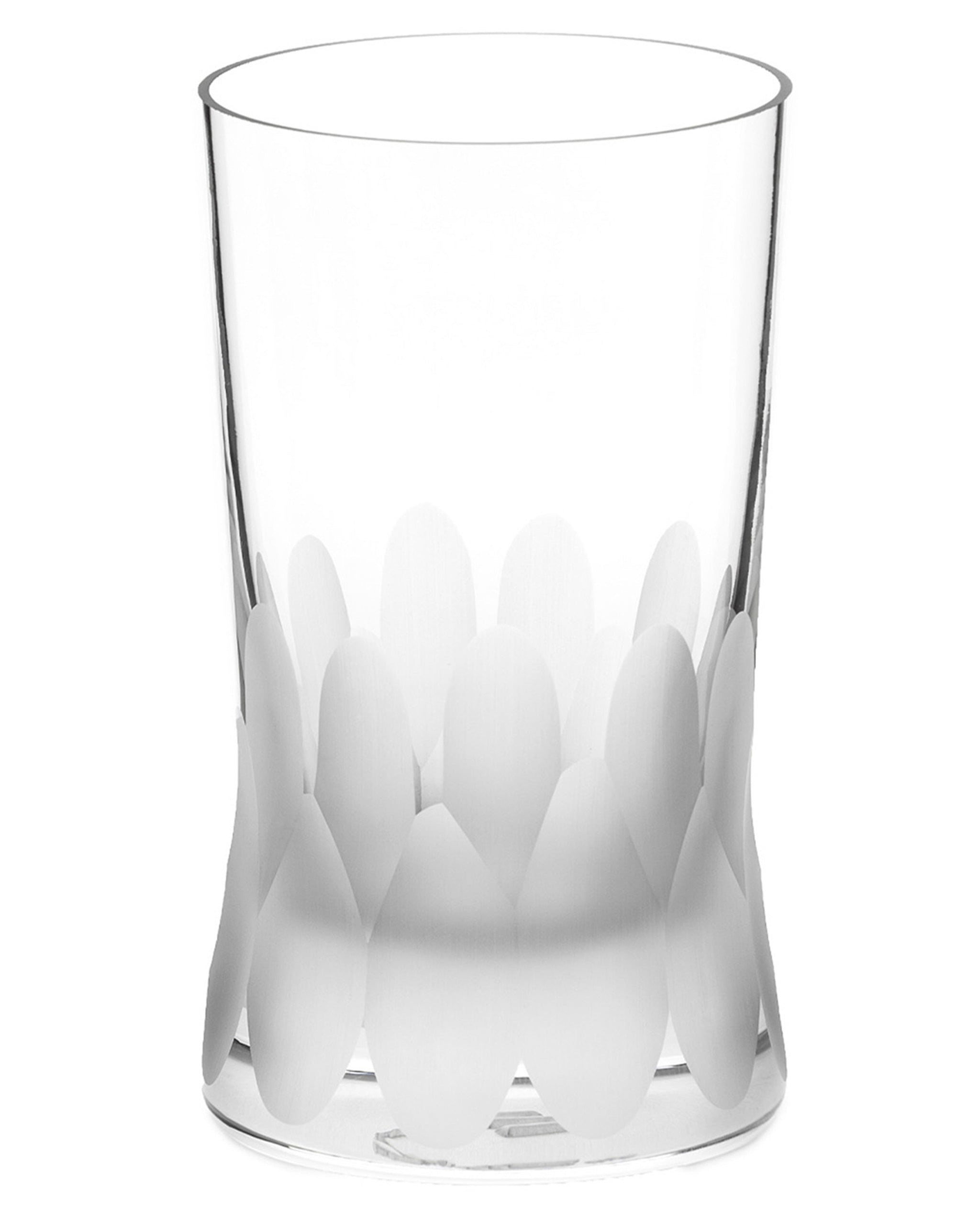 Unpolished Irish hand-blown crystal tumbler glass, with interlocking cut patterns on a white background