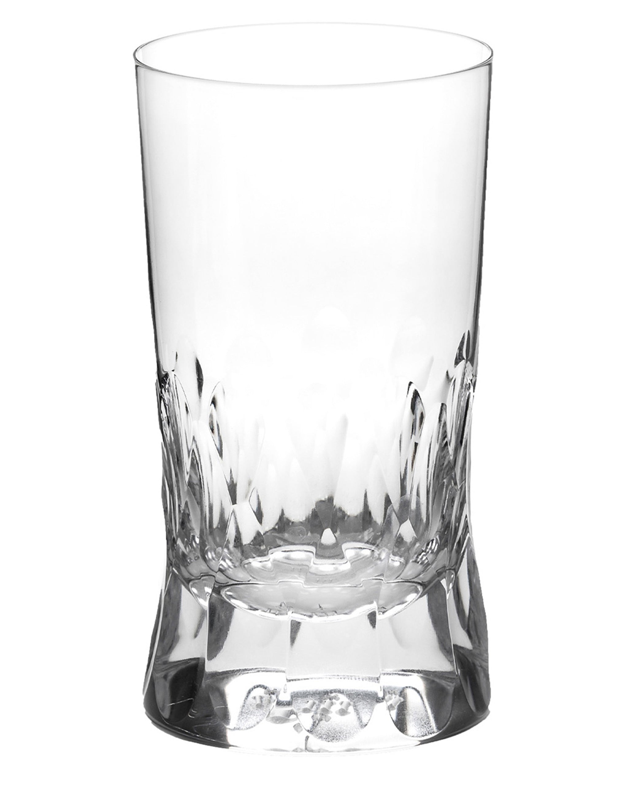 Polished Irish hand-blown crystal tumbler glass, with interlocking cut patterns on a white background