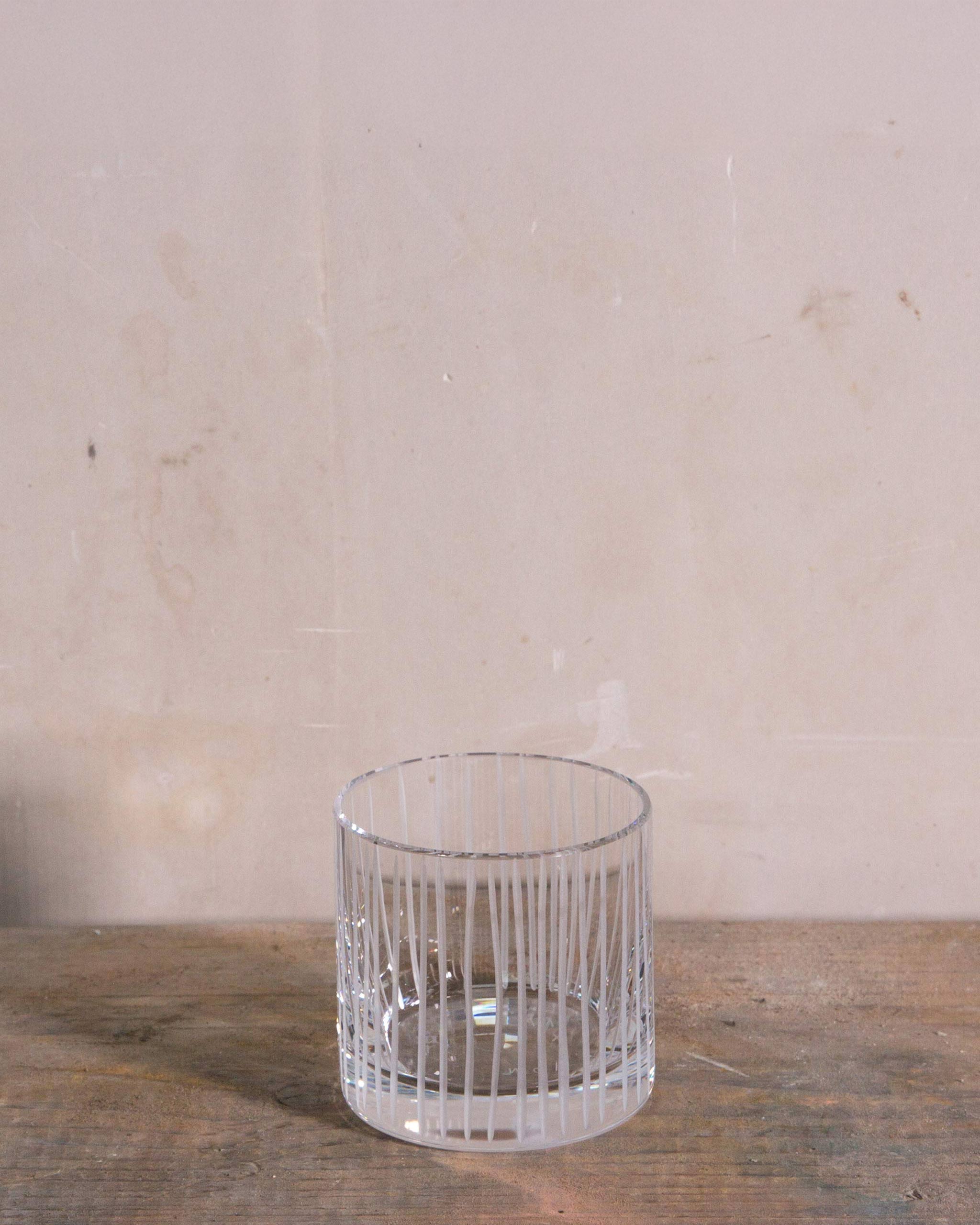 Straight hand-cut Irish crystal tumbler with vertical line pattern from the Row Collection, designed with symmetry and Japanese restraint, perfect for whiskey, wine, or sake.