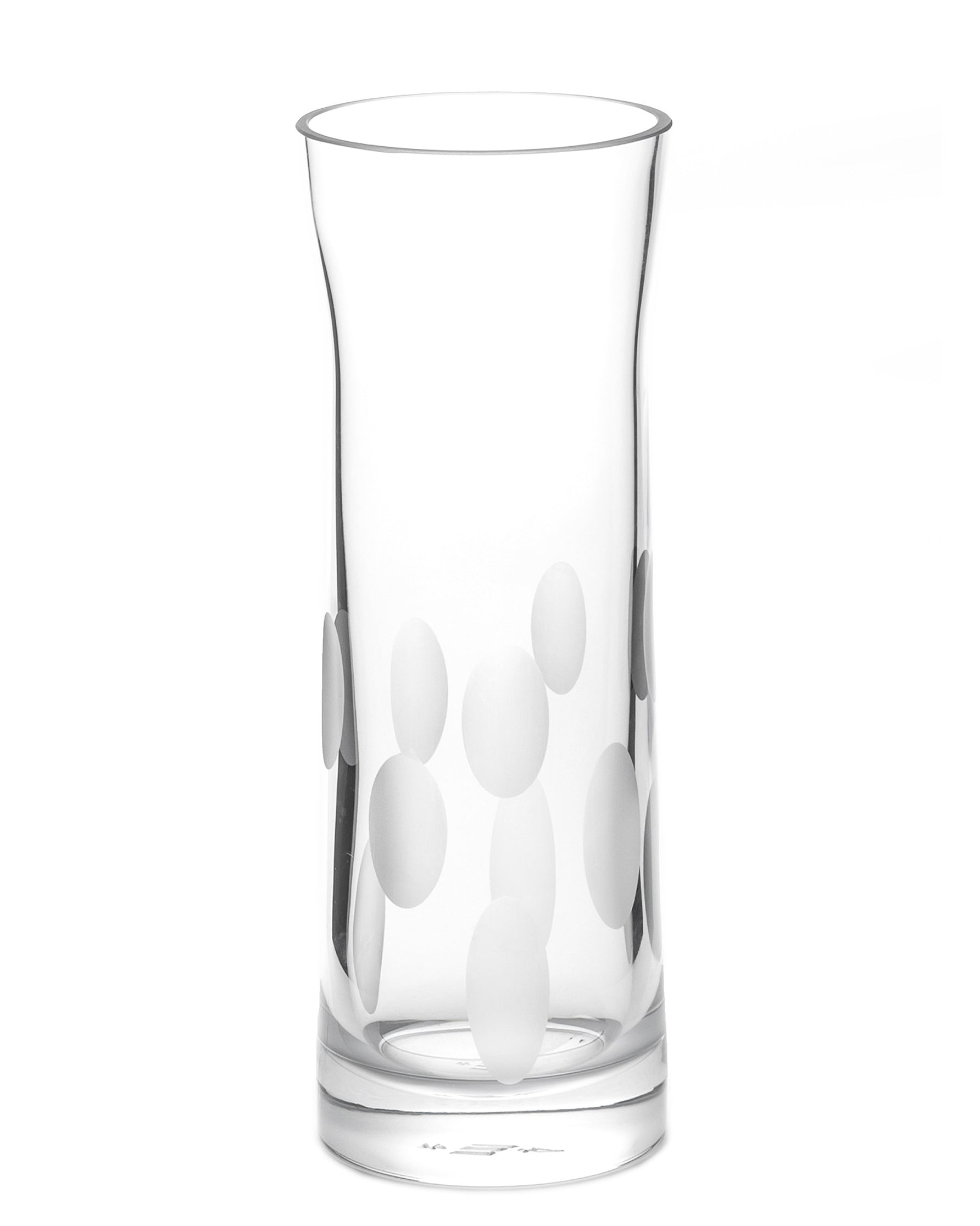 Unpolished hand-cut Irish crystal carafe glass with softly polished and sandblasted dew-cut detailing on a white background
