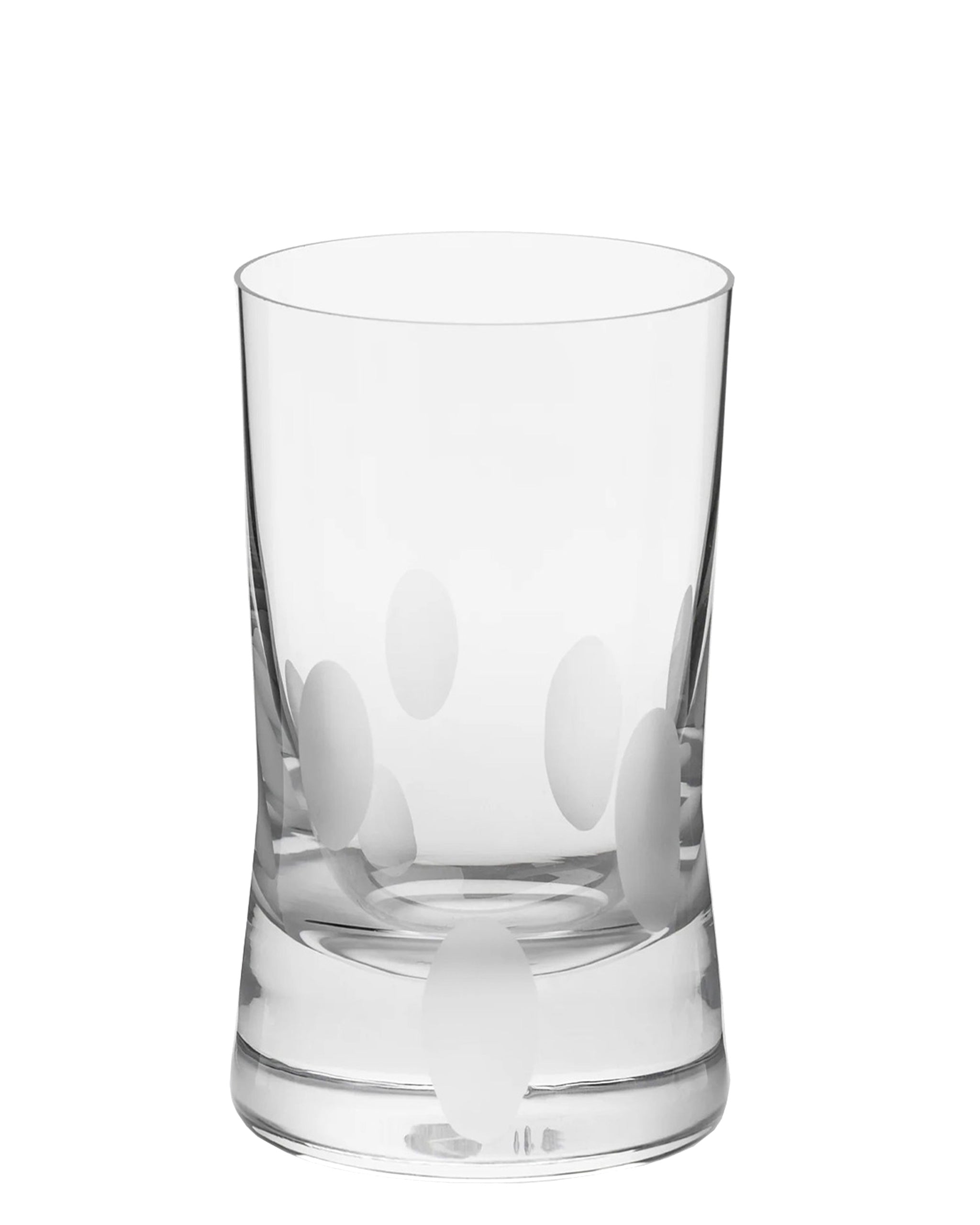 Unpolished hand-cut Irish crystal red wine glass with softly polished and sandblasted dew-cut detailing on a white background