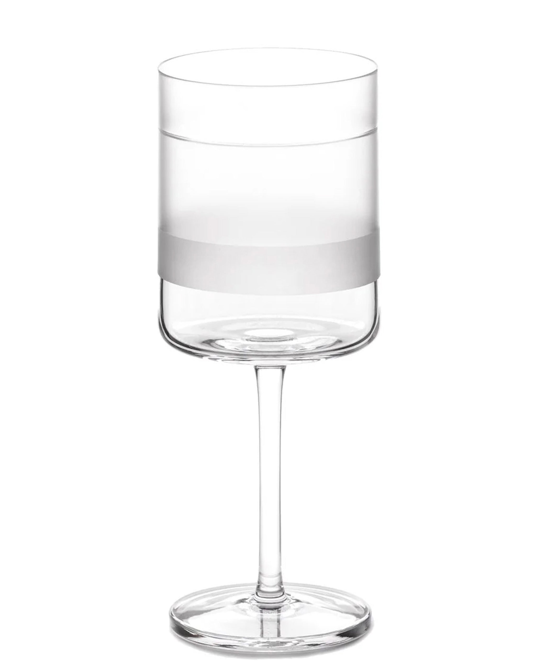 Elegant crystal red wine glass with sandblasted geometric panels and linear cuts, designed for modern table settings.