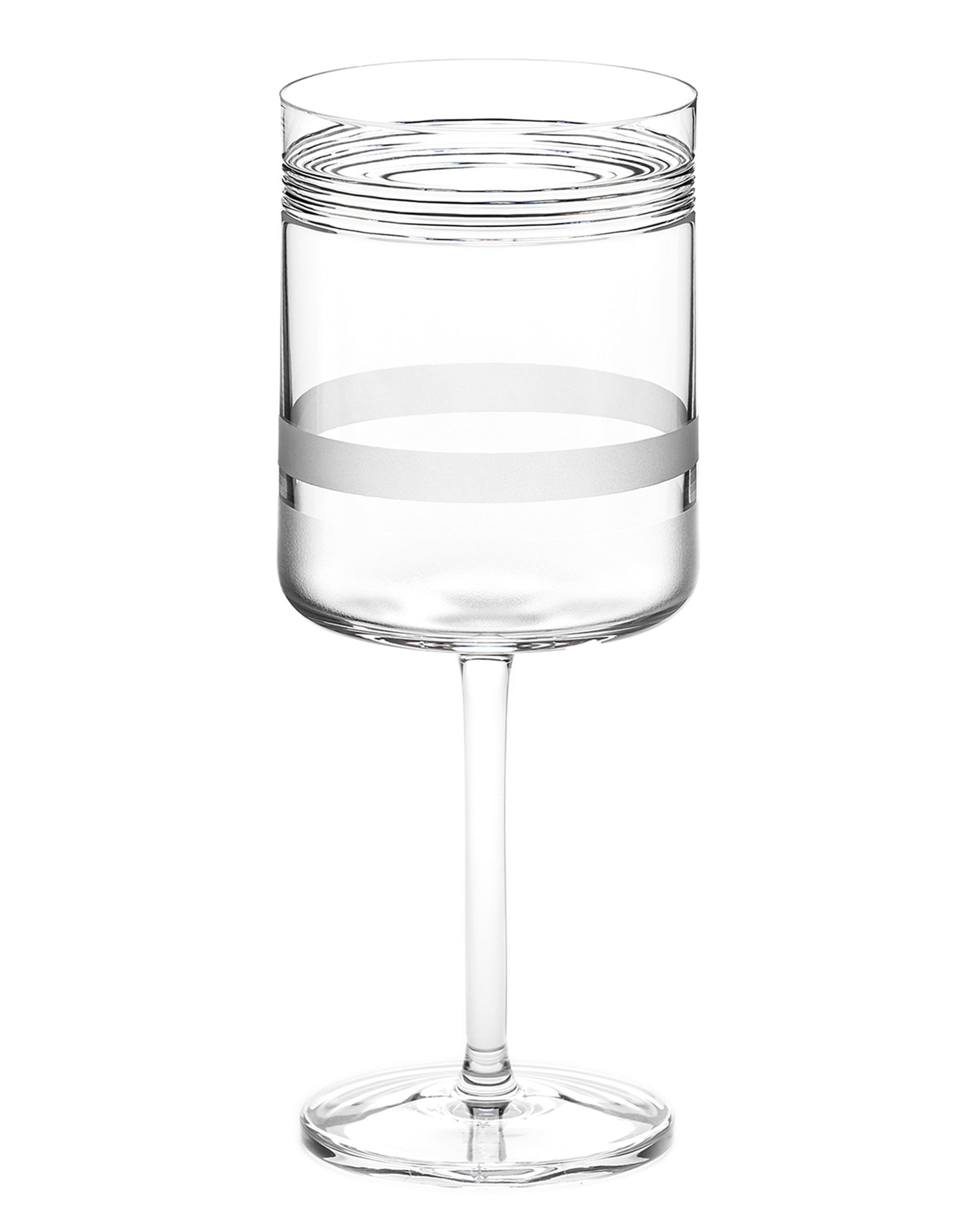 Elegant white wine glass with sandblasted detailing and refined cuts, designed to enhance light and clarity.